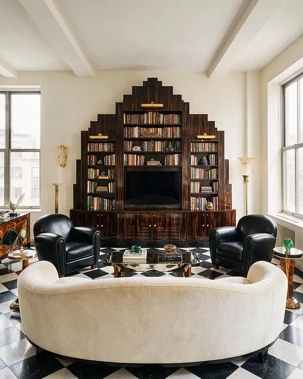 A bright studio apartment living area with an Art Deco-inspired stepped wood bookshelf and entertainment wall centered on the room. A curved ivory sofa faces two black leather club chairs, set over a bold black-and-white checkerboard floor with brass-accented side tables and lamps.