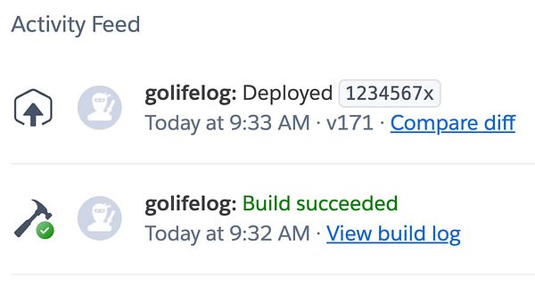 The image displays an activity feed showing deployment and build success notifications for a project.