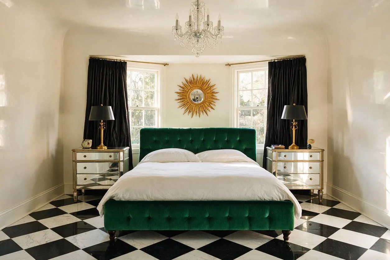 A Hollywood Regency master bedroom with a deep green velvet bed centered between two mirrored nightstands. Black drapes frame bright windows behind a gold sunburst mirror, while a crystal chandelier hangs overhead and a black-and-white checkerboard floor adds bold contrast.