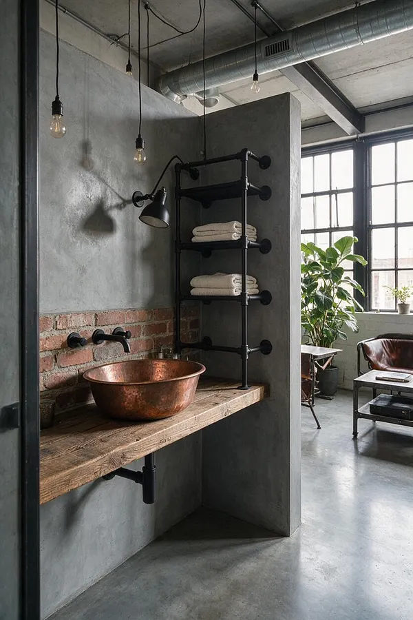 A moody industrial master bathroom features a reclaimed wood vanity with a hammered copper vessel sink, matte black wall-mounted faucet, and exposed black pipe shelving holding folded towels. Concrete walls, a brick backsplash, hanging Edison bulbs, and large factory-style windows create a raw loft-like atmosphere.