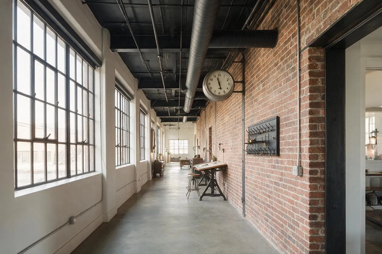 A long industrial entryway with a polished concrete floor, exposed brick wall on the right, and tall steel-framed factory windows on the left. The black open ceiling reveals ducts and pipes, while a wall clock, coat rack, and worktable add utilitarian character.