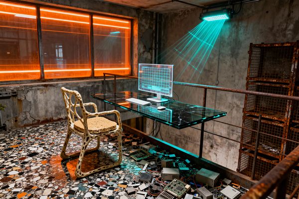 An industrial home office with cracked concrete walls and rusted railings features a cantilevered black marble desk with a cyan LED edge, holding a white computer, keyboard, and mouse. A bone-like 3D-printed chair with a woven seat stands on multicolored terrazzo; orange neon bands glow through a large window while a teal overhead light casts beams across rusted mesh cages, with scattered circuit boards and cables beneath the desk.