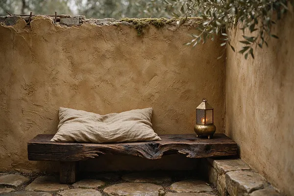 A small Wabi-Sabi style outdoor nook with textured ochre plaster walls, a rough-hewn dark wood bench, a neutral linen cushion, and a glowing lantern. Stone paving and a few overhanging branches complete the serene, aged look.