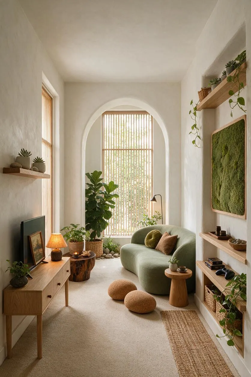 A narrow biophilic game room with white plaster walls, a tall arched window with vertical wood slats, and abundant potted plants. The room includes a curved sage-green loveseat, light wood shelving with moss wall art and games, a small wood side table, a woven runner, and warm ambient lighting.