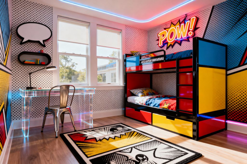 A kids’ bedroom styled like a comic book, with a black-framed bunk bed featuring glossy red, yellow, and blue panels and star-print bedding beneath a neon sign reading “POW!”. Walls show Ben-Day dot wallpaper and bold graphic murals, alongside a clear acrylic desk with glowing LED edges, a silver metal chair, a black desk lamp, three white-trim windows, a comic-style rug, light wood flooring, and ceiling LED strip lighting.
