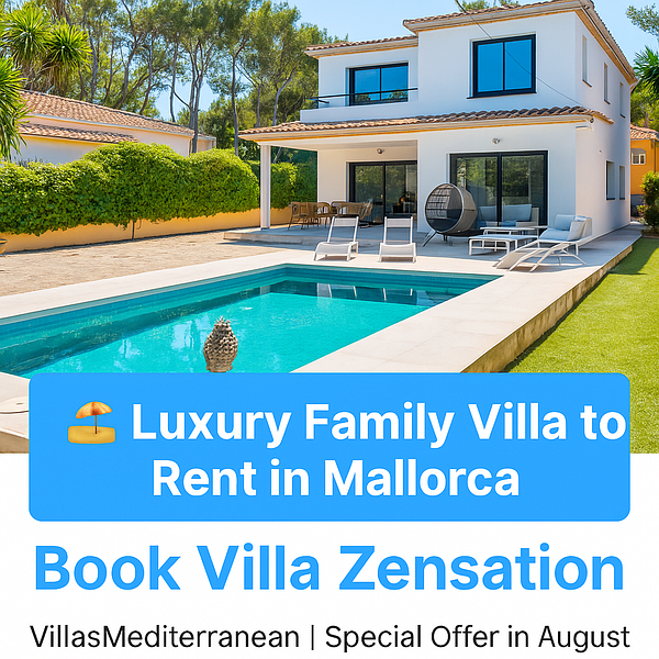 A modern luxury villa with a swimming pool in Mallorca, featuring outdoor seating and lush greenery.