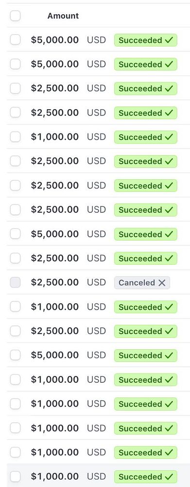 A financial transaction list showing various amounts with their statuses.