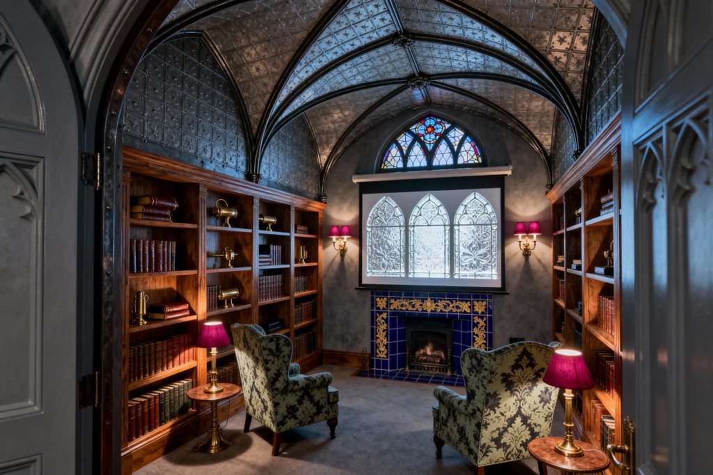 A compact Victorian-style media room with a groin-vaulted pressed-tin ceiling and dark ribs, lined by walnut bookcases filled with leather-bound books and brass objects. Two green damask wingback chairs face a drop-down projector screen above a cobalt blue, gold-embellished tile fireplace, with charcoal gray walls, stained-glass tracery, and brass sconces with plum shades casting warm light.