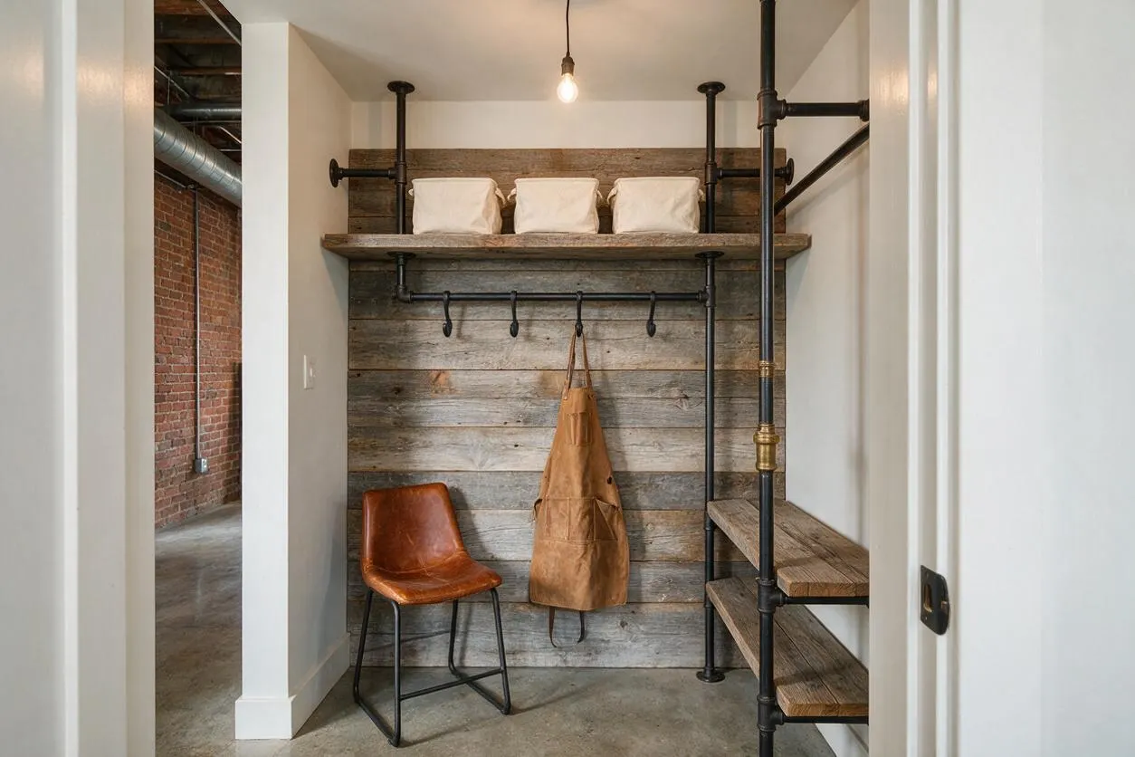 A narrow industrial-style entryway with a rustic wood slat wall, black metal pipe shelving and coat hooks, and a single exposed bulb overhead. A tan apron hangs on the hooks, a brown leather chair sits to the left, and built-in wood shelves line the right side, with white walls framing the space.