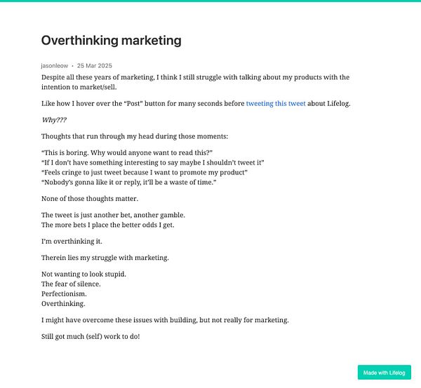 A reflective blog post discussing the challenges of marketing and overthinking associated with it.