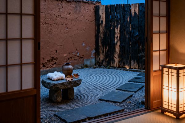 View through open shoji doors to a small wabi-sabi patio at dusk. Pale gravel is raked into concentric arcs around a low, rough stone table holding a clay jug, a tuft of wool, and scattered maple leaves. Dark stepping stones cross the gravel toward a tall fence of weathered, charred timber. A crumbling terracotta plaster wall encloses the space, while a wood-and-paper lantern casts warm light against the cool evening sky.
