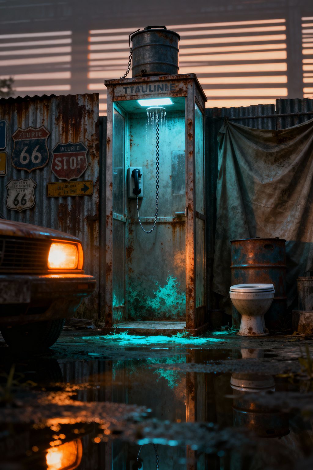 An improvised bathroom scene at dusk shows a rusted phone booth converted into a shower, topped by a galvanized water tank. A chain-operated head releases water under cold cyan lighting. Beside it are a chipped porcelain toilet and a weathered steel drum, set against corrugated metal fencing hung with vintage road signs and a stained canvas tarp. Puddles on cracked concrete reflect the blue glow and the warm beam of a nearby car headlight.