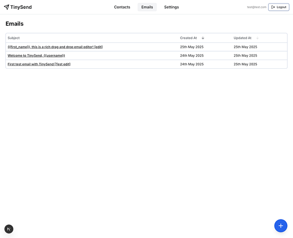 The image displays an email management interface for the TinySend application.