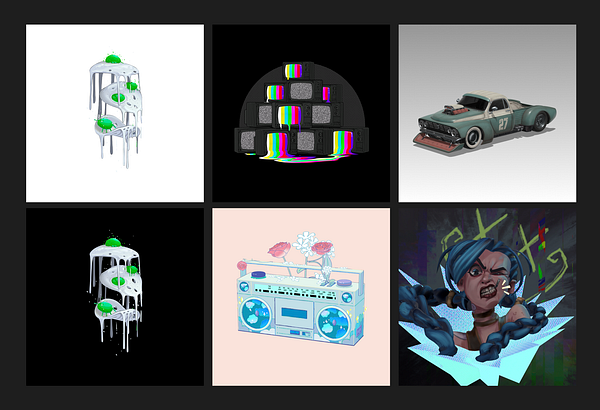 A grid of six distinct 3D models showcasing various artistic styles and themes.
