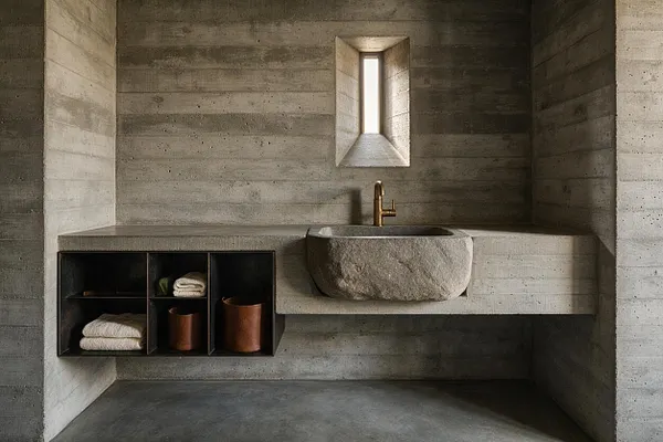 A minimalist laundry room with exposed concrete walls, ceiling, and floor, featuring a thick concrete counter and a sculptural stone sink with a brass faucet. Open black shelving on the left holds folded towels and copper-toned containers, while a narrow vertical window brings in soft natural light.