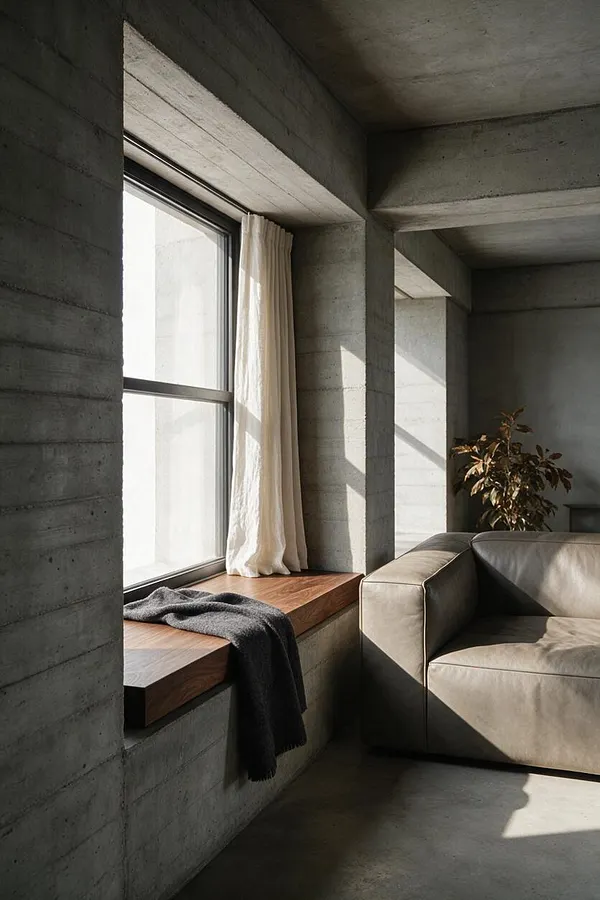 A Brutalist-style living room with exposed concrete walls, ceiling, and window reveals, softened by a deep walnut window ledge, sheer cream curtains, and a charcoal throw. A beige leather sofa sits in the corner beside a potted plant, while angled sunlight creates strong geometric shadows across the room.