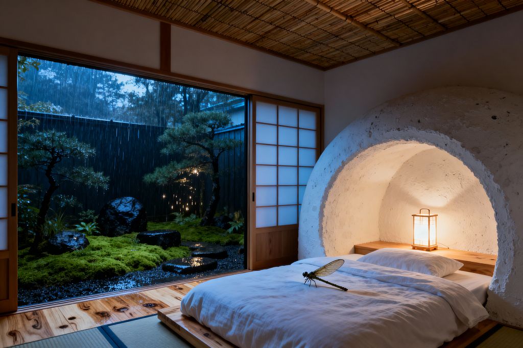 A minimalist children’s room shows a low futon-style bed on a light wood platform beside an arched plaster alcove holding a small wooden lantern. Shoji sliding doors open to a rainy courtyard garden with moss, dark stones, and small pines; a bamboo ceiling, tatami border, and white bedding create a calm palette, while a dragonfly toy rests on the duvet.
