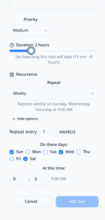 The image displays a task management interface for setting task duration and recurrence.