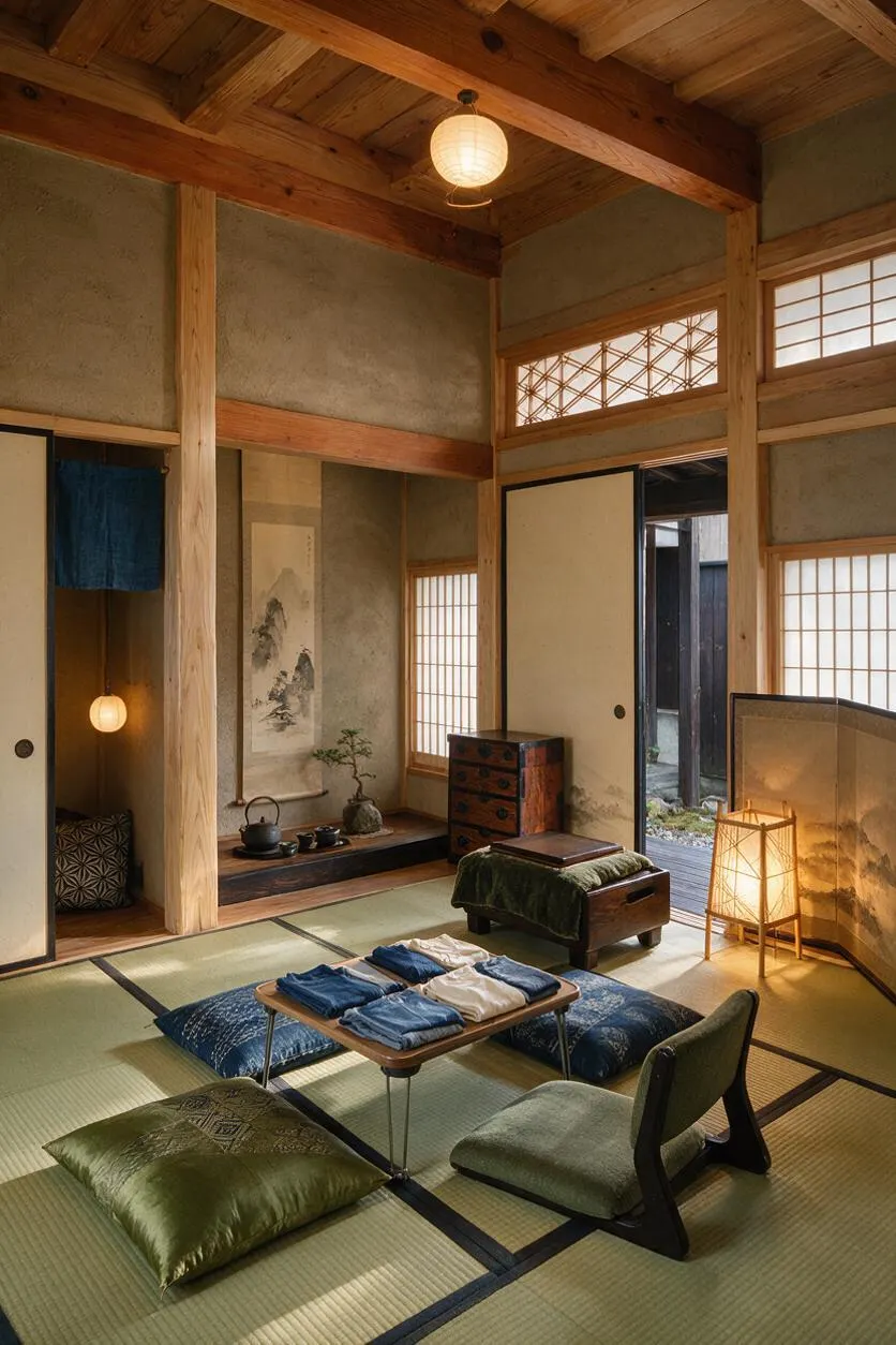 A tranquil Japanese Zen-style closet room with tatami mat flooring, exposed wooden beams, shoji screens, and soft lantern lighting. Cushions, a low table with folded clothes, and simple wood furnishings create a calm, minimalist atmosphere.