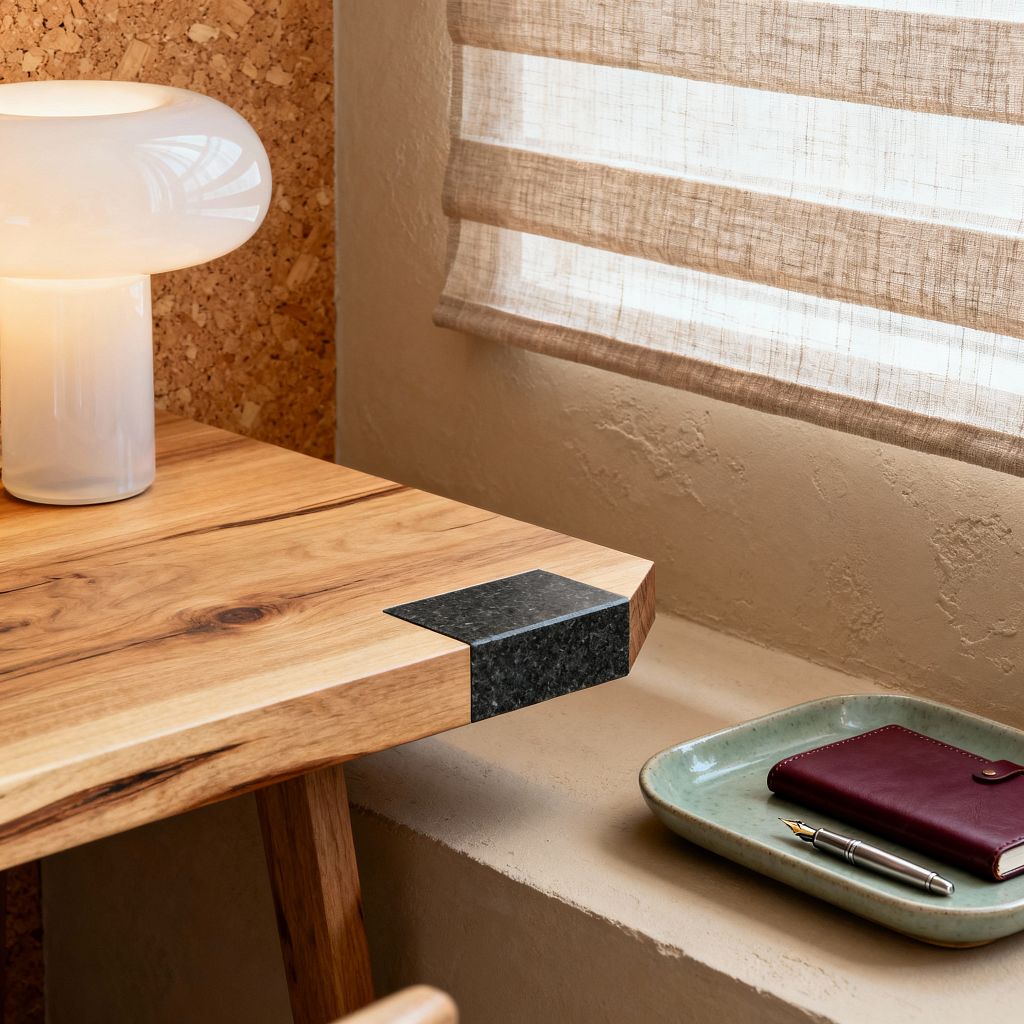 A close-up of a contemporary home office corner shows a light oak desk with a black granite corner inlay, topped by a white opal glass mushroom lamp. Daylight filters through a taupe linen Roman shade onto textured beige plaster walls and a cork panel; on the sill, a celadon ceramic tray holds a burgundy leather notebook and a silver fountain pen, conveying a warm, minimalist workspace.