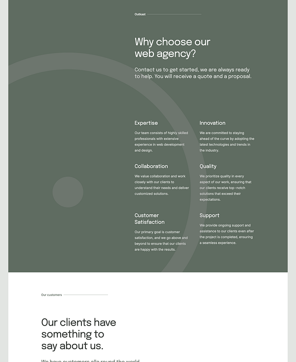 The image features a web agency's promotional webpage highlighting its services and client testimonials.