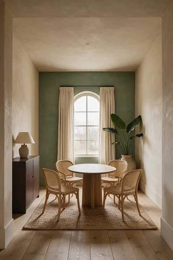 A narrow organic modern game room with a round wood pedestal table centered on a woven jute rug, surrounded by four woven rattan chairs. The room has textured beige plaster walls, a muted green accent wall, an arched window with cream curtains, a dark wood cabinet with a table lamp, and a tall potted plant in the corner.