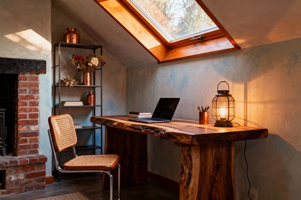 A rustic attic home office features a thick live-edge wooden desk beneath a skylight, with a lantern-style table lamp casting warm light. To the left, a black steel shelving unit holds copper jugs and dried flowers beside a red-brick fireplace; a rattan cane and chrome chair sits on a concrete floor with a small rug, while blue-gray limewashed walls and the wood-framed skylight add texture and warmth.