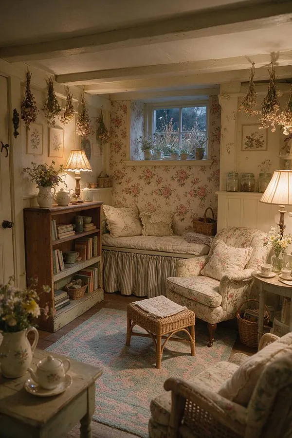 A cozy cottagecore basement room with floral wallpaper, soft cream beams, and vintage-style upholstered chairs. A small window above a built-in daybed, dried flower bundles hanging from the ceiling, warm table lamps, and woven baskets create a layered, romantic atmosphere.
