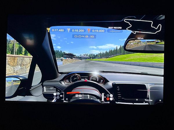 Screenshot of the GT7 demo version gameplay interface on PS5 showing vehicle status and race track layout.
