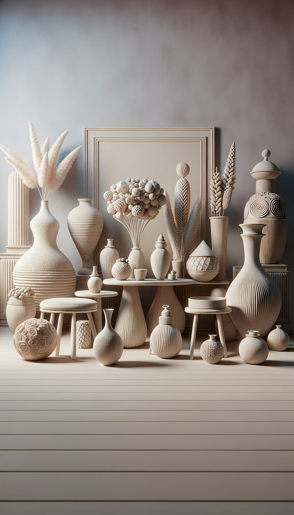 a series of interior design elements such as vases, bowls, and a small table, all made from papier mâché, arranged in an elegantly styled room