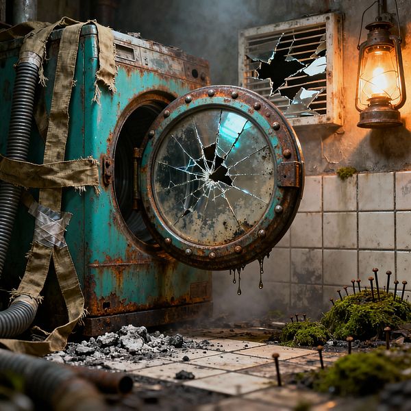 A decayed laundry room features a rusted turquoise front-loading washing machine with a shattered porthole door left open. Canvas straps hold hoses against the side as a metal-and-glass oil lantern casts warm light over cracked ceramic tiles, a broken wall vent with jagged glass, scattered nails, soot, and moss patches; moisture drips from the door and steam lingers, emphasizing the gritty post-apocalyptic setting.