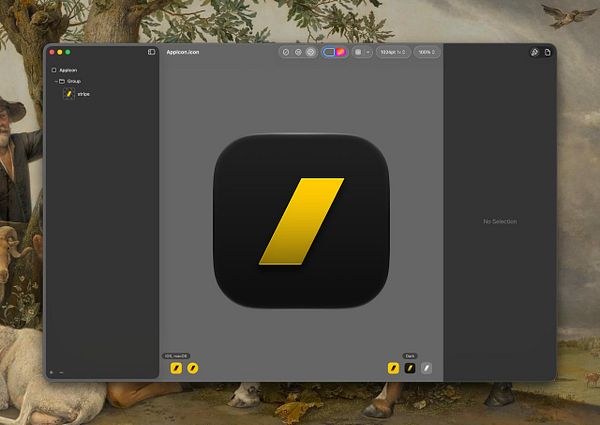 App icon variations shown in dark and monochrome modes with a task to fix the icon as work in progress.