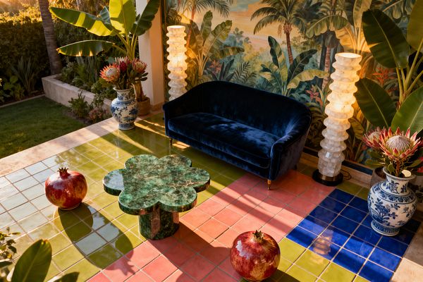 A maximalist patio features a deep navy velvet sofa set before a tropical mural of palms and banana leaves. Glossy color‑block tiles in emerald green, coral pink, and cobalt blue surround a clover‑shaped green marble table; two stacked alabaster floor lamps glow on either side, while blue‑and‑white porcelain planters hold banana plants and protea blooms, and oversized glossy pomegranate sculptures sit on the floor in warm late‑afternoon light.