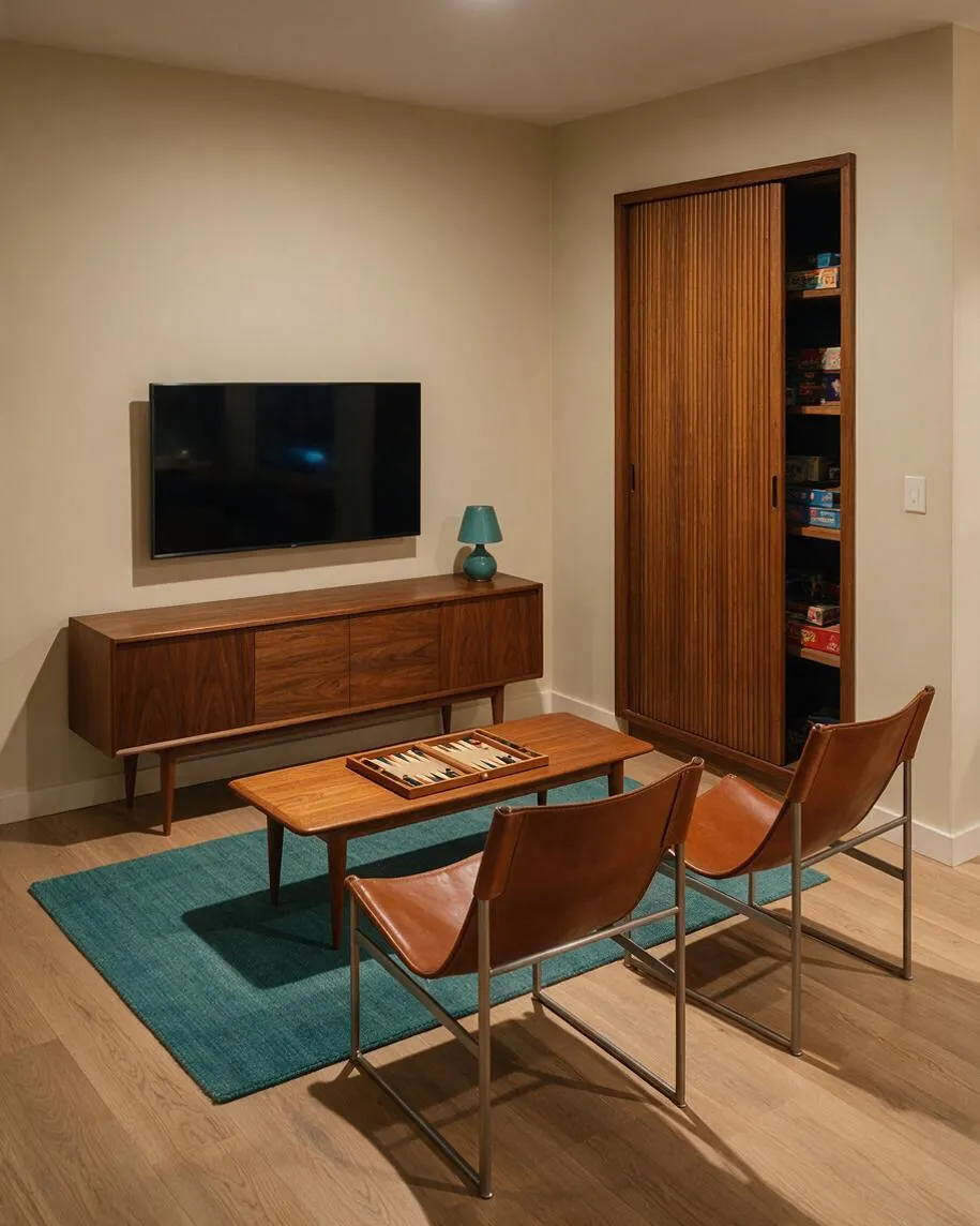 A mid-century modern game room with a wall-mounted black TV above a low walnut credenza, a small teal table lamp, and a rectangular wood game table centered on a teal area rug. Two leather sling chairs with slender metal frames face the table, and a sliding wood slat cabinet on the right reveals board games stored inside.