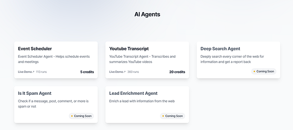 The image displays a user interface showcasing various AI agents with their descriptions and usage statistics.