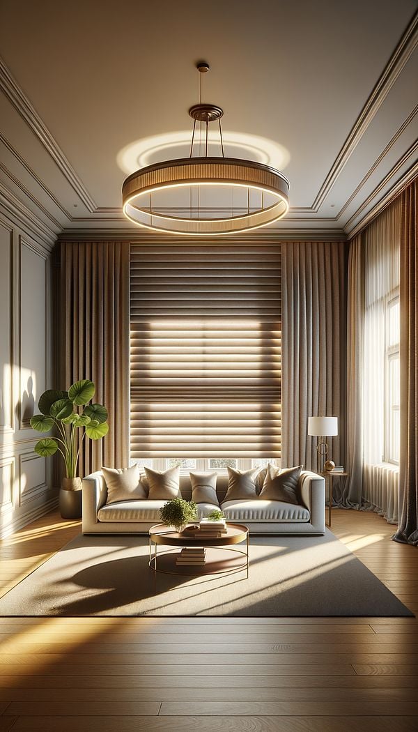 A stylish living room featuring a large window adorned with a luxurious Roman shade made of rich fabric, neatly folded into even horizontal pleats as it is partially raised to allow sunlight in.