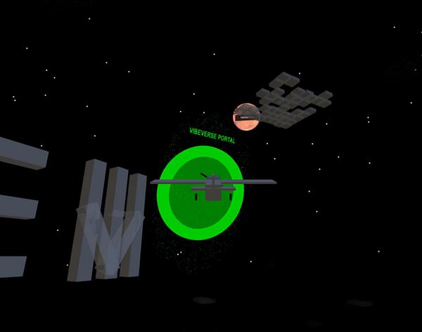 A 3D virtual environment featuring a portal and floating text elements.