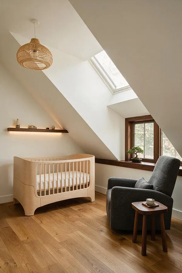A serene nursery with sloped white ceilings, a natural wood crib, a dark gray lounge chair, and a woven pendant light. A skylight and wood-trimmed window bring in soft daylight, while a small shelf and side table add warm, minimal accents.