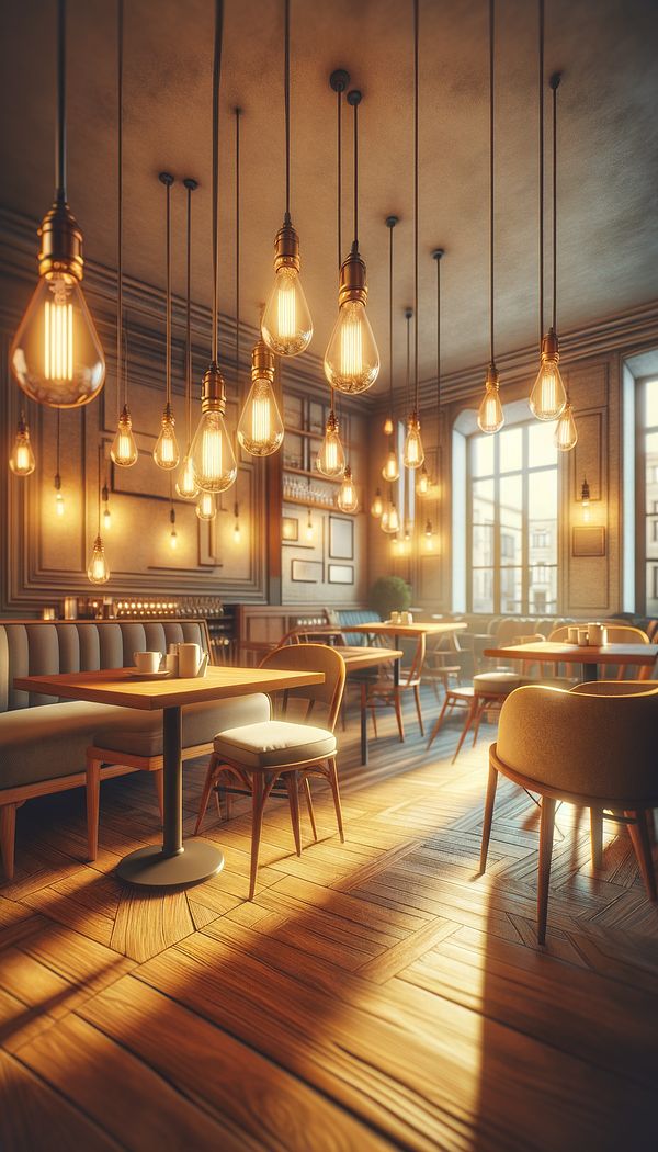 A cozy cafe interior with exposed filament lighting bulbs hanging from the ceiling, casting a warm, inviting glow over wooden tables and chairs.