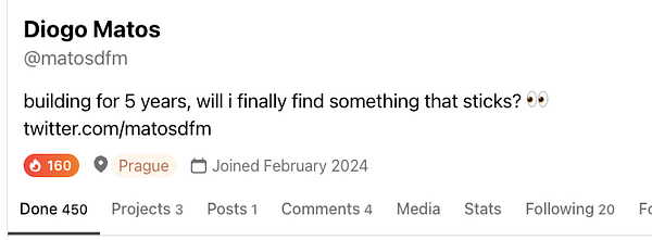 A social media profile overview of Diogo Matos highlighting his achievements and current goals.