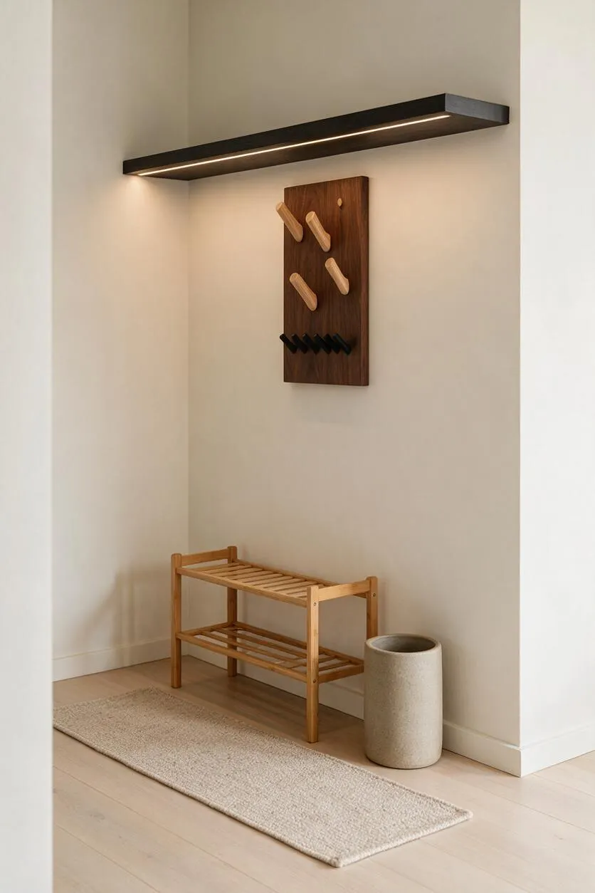 A serene mudroom with cream walls and light wood floors features a slim slatted shoe bench, a textured neutral runner, a cylindrical stone-look bin, and a dark wall-mounted coat rack with wooden pegs beneath a floating black shelf with integrated lighting.
