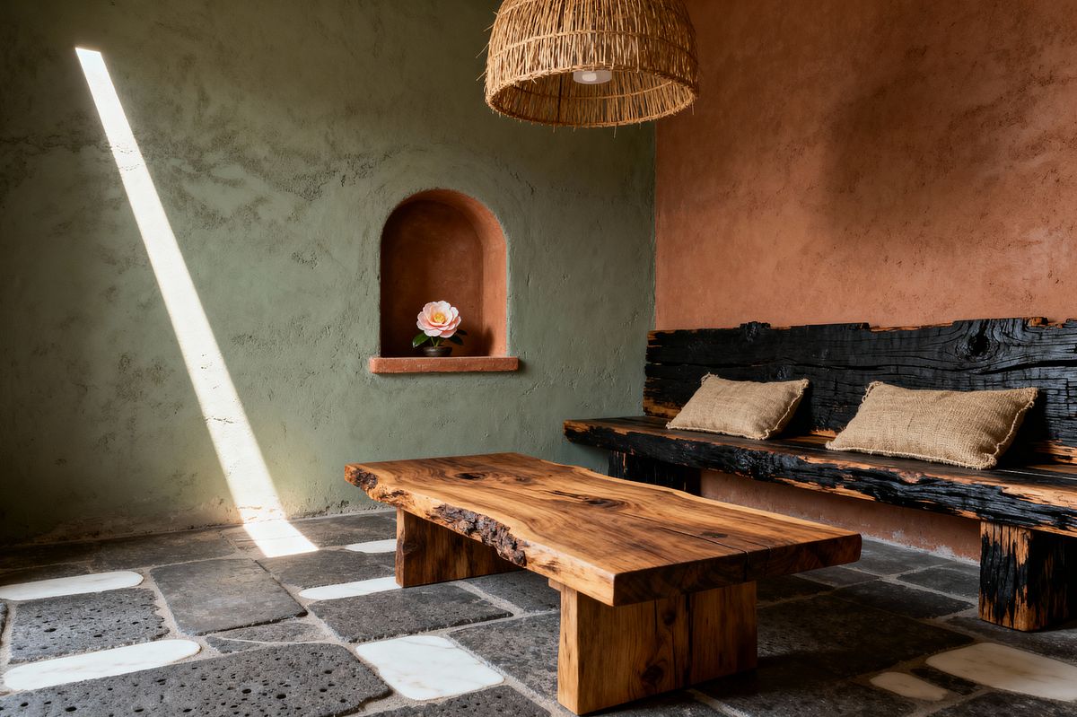 Room AI – Wabi-Sabi Dining with Charred Wood Bench - Interior Design