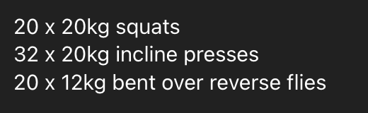 A workout plan detailing specific exercises and weights.