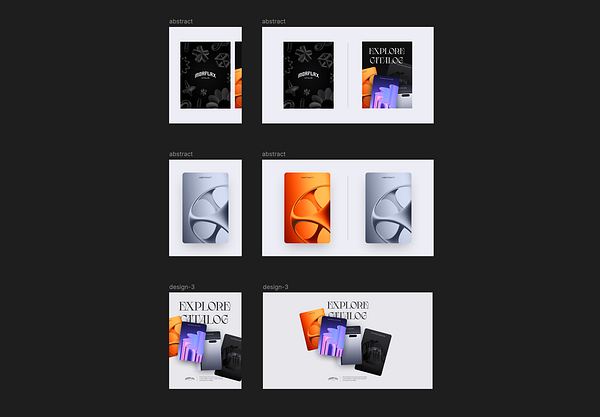 The image features a collection of design mockups showcasing abstract and catalog concepts for Morflax Studio.