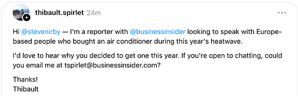 Screenshot of a Twitter post by Business Insider sharing a viral post about Europeans needing air conditioning in heatwaves.