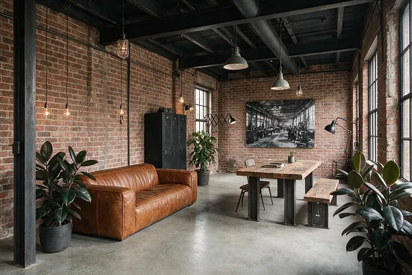 An industrial-style front porch with exposed red brick walls, a black painted ceiling with visible ducts and beams, and a smooth concrete floor. The space includes a brown leather sofa, a rustic wood table with metal legs and benches, hanging pendant bulbs, large windows, and potted plants that soften the rugged finishes.