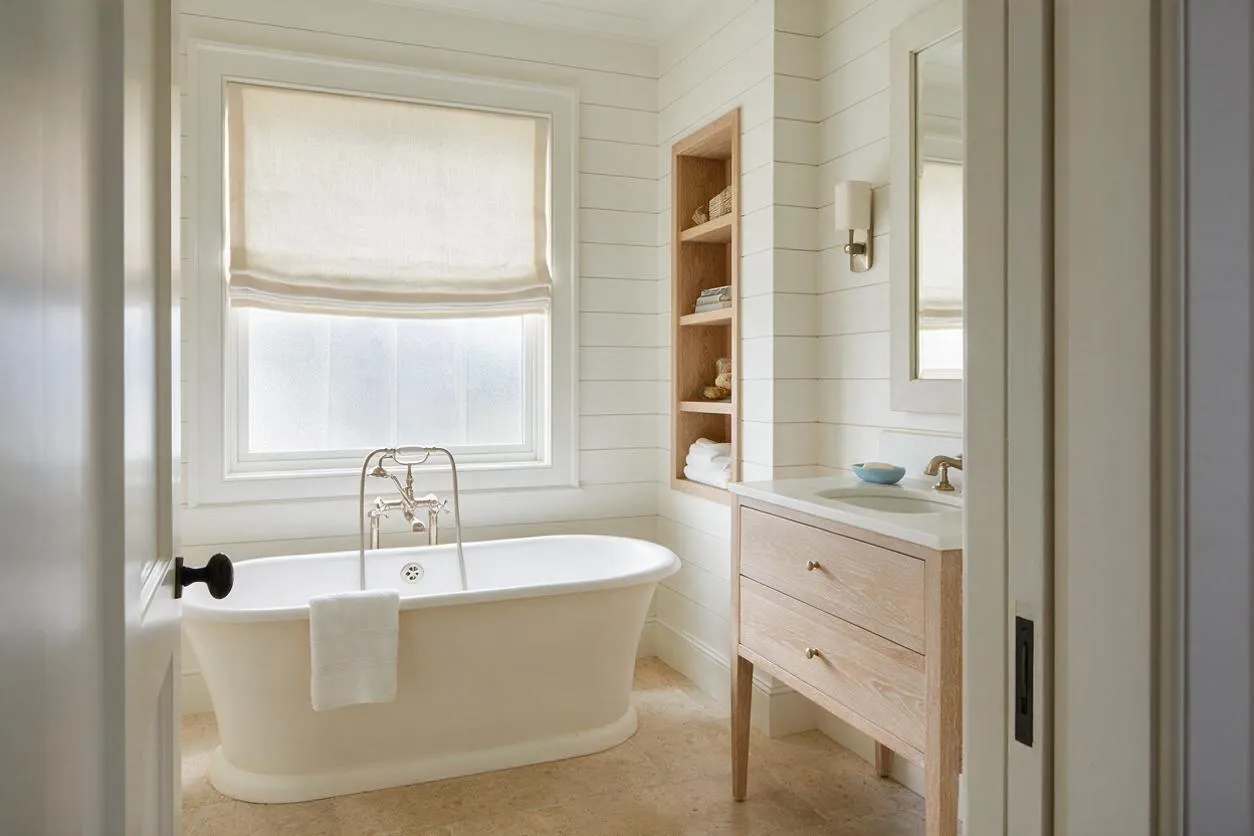 A serene coastal-style master bathroom with a freestanding white soaking tub centered beneath a large window with a soft Roman shade. White shiplap walls, a light wood vanity with brass hardware, open shelving, and pale stone flooring create a calm, airy space.