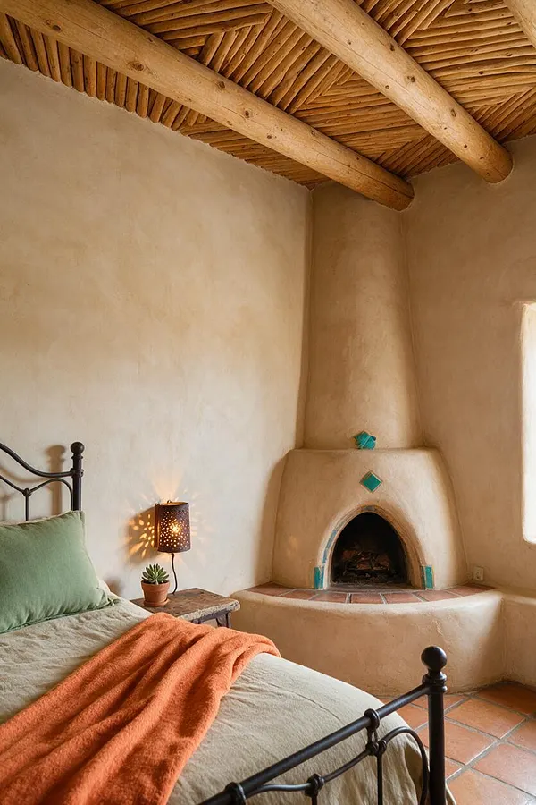 A Southwestern guest bedroom with thick adobe walls, exposed wooden ceiling beams, and a built-in kiva fireplace with turquoise tile accents. A black metal bed with sage bedding and an orange throw sits beside a rustic side table and small lamp, creating a warm, earthy retreat.