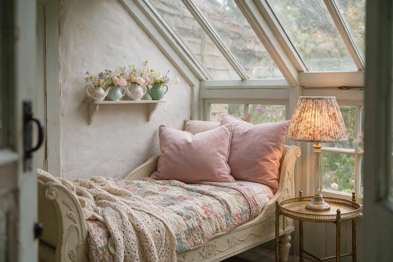 A cozy cottagecore sunroom with a carved cream daybed topped with pink pillows and a floral quilt, set beside a brass side table with a pleated floral lamp. A small wall shelf holds pastel teacups and fresh flowers beneath slanted glass windows that fill the room with soft daylight.
