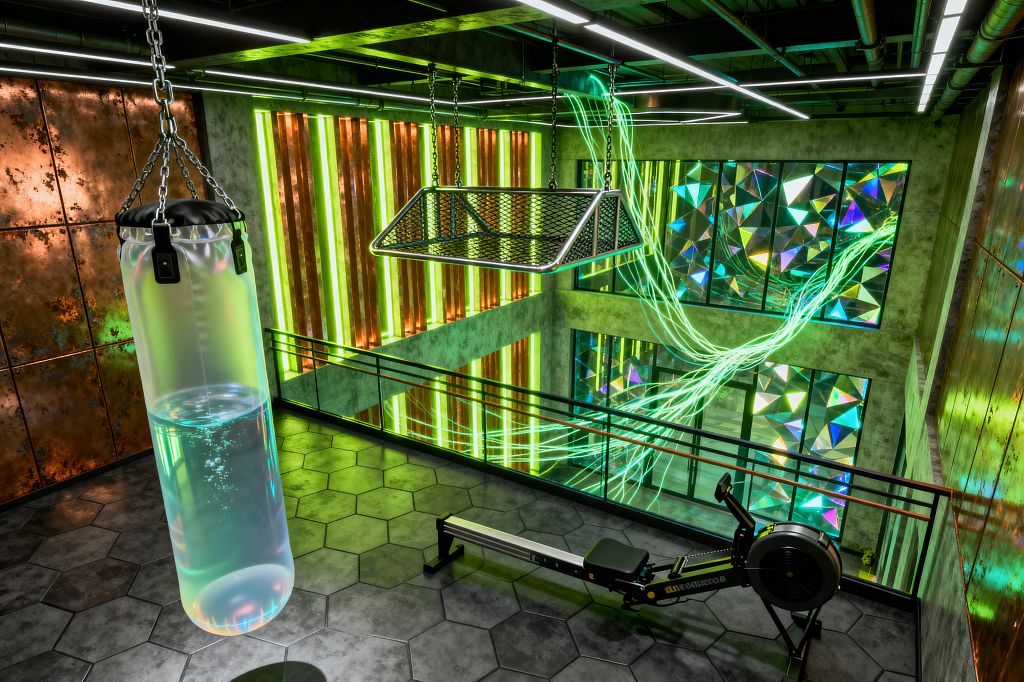 A double-height home gym features a water-filled translucent punching bag and a black rowing machine on hexagonal concrete tiles. Raw concrete walls, rusted metal panels, neon green light bars, a chain-suspended metal mesh platform, and a large window clad in iridescent triangular panels with glowing fiber-optic cables create a cyberpunk scene beneath linear LED ceiling lights and exposed ducts.
